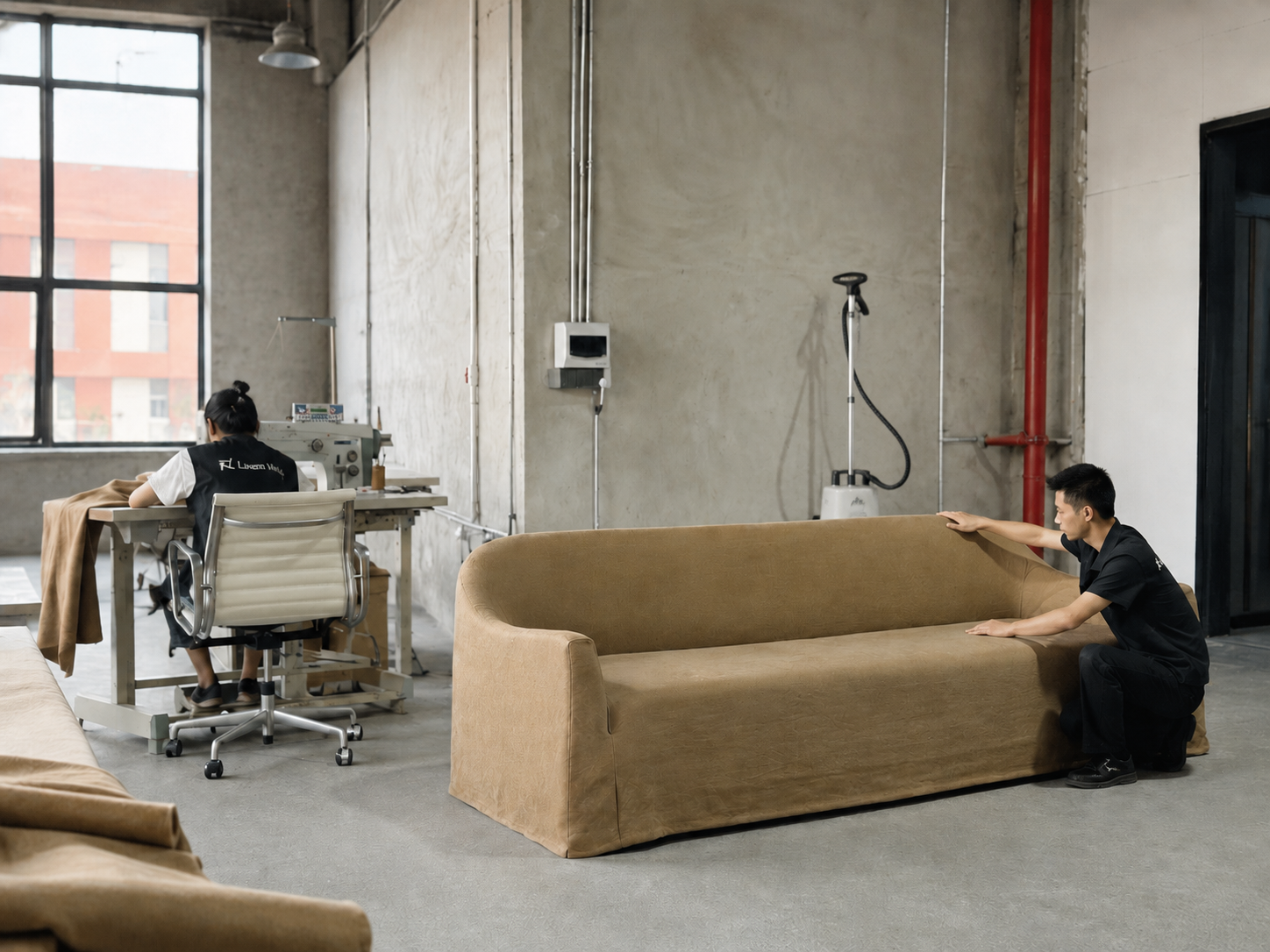 Linen World factory workshop -- craftsmen at work on premium linen furniture
