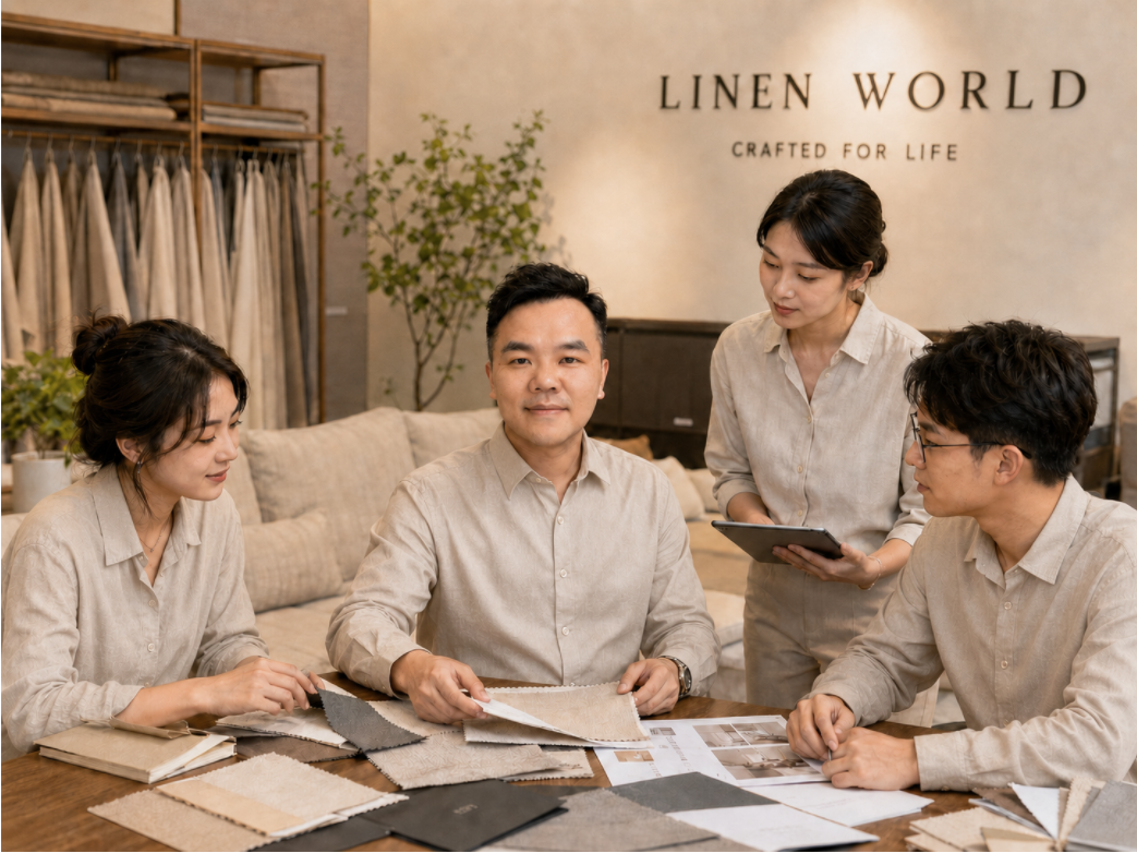 Linen World factory workshop -- craftsmen at work on premium linen furniture