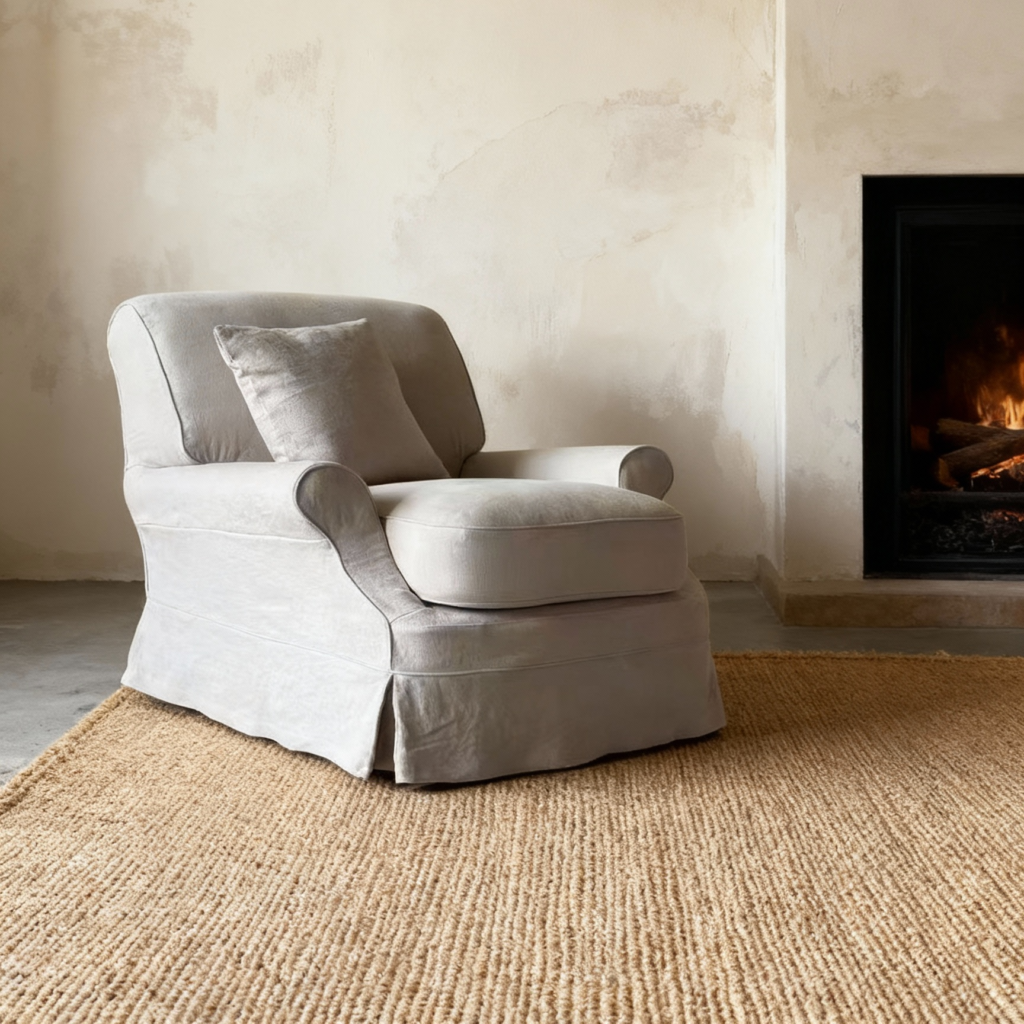 Claire Linen Slipcovered Rolled Armchair with Pouf
