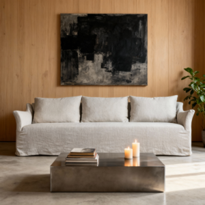 JS092 Shell Sofa three seater linen sofa with curved arms and soft cushions
