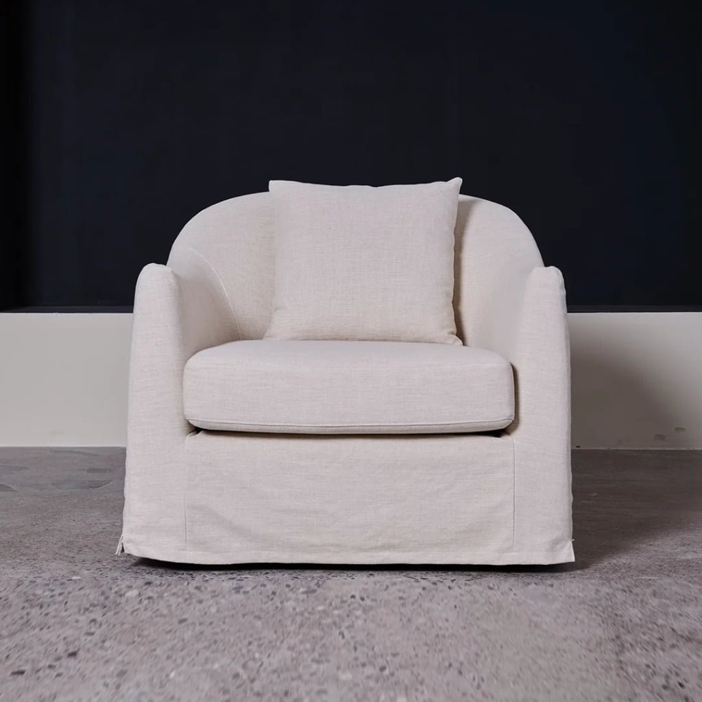 Lyndon Large Linen Armchair – Curved Slipcovered Lounge Chair