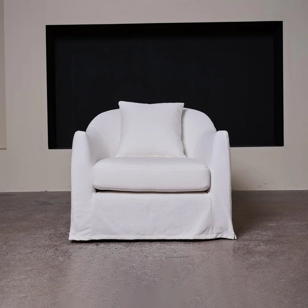 Lyndon Large Linen Armchair – White Curved Slipcovered Lounge Chair