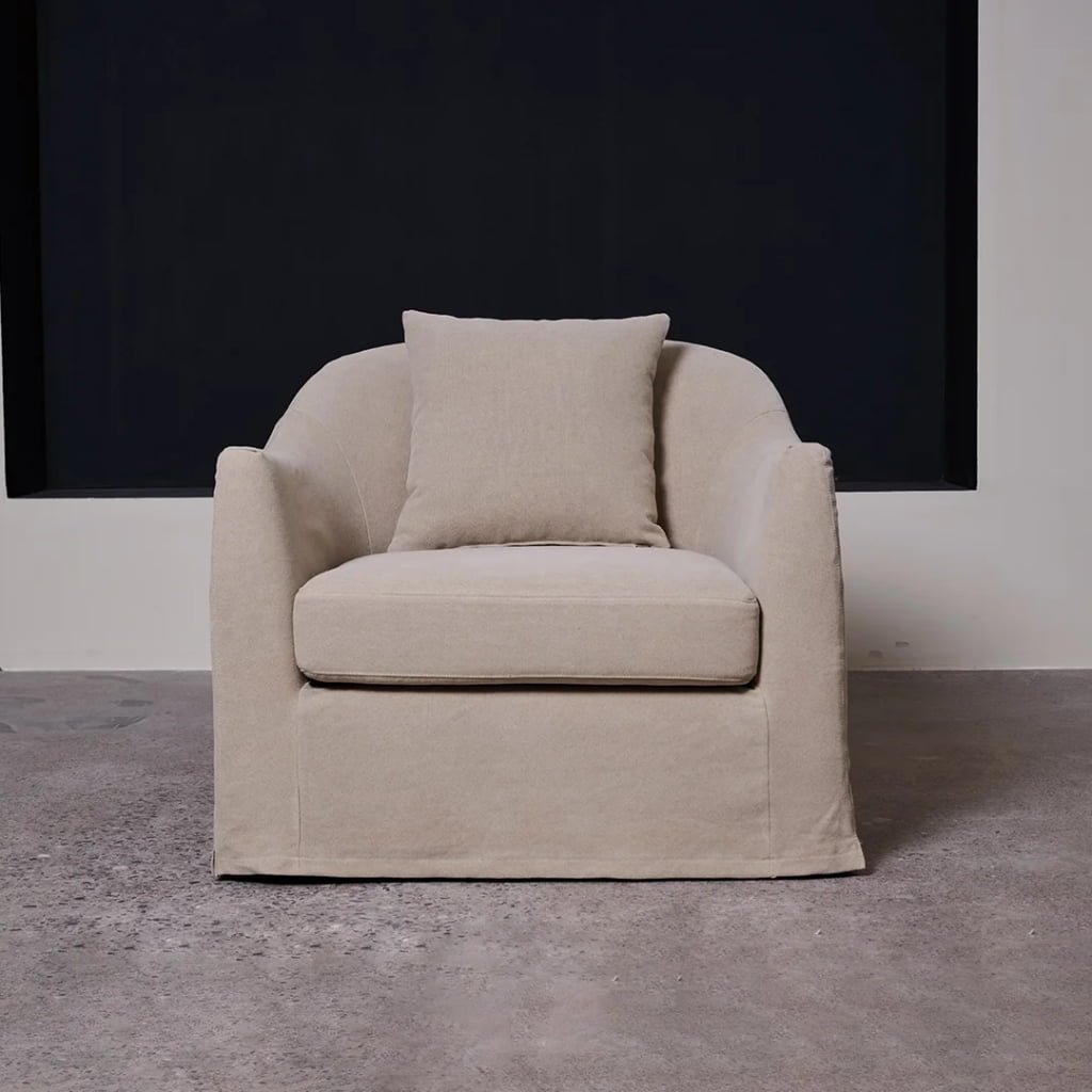 Lyndon Relaxed Linen Armchair – Curved Slipcovered Lounge Chair