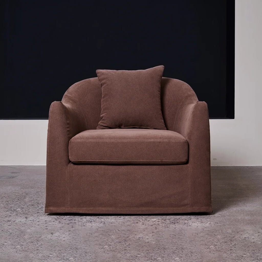 Lyndon Large Swivel Linen Armchair – Curved Lounge Chair