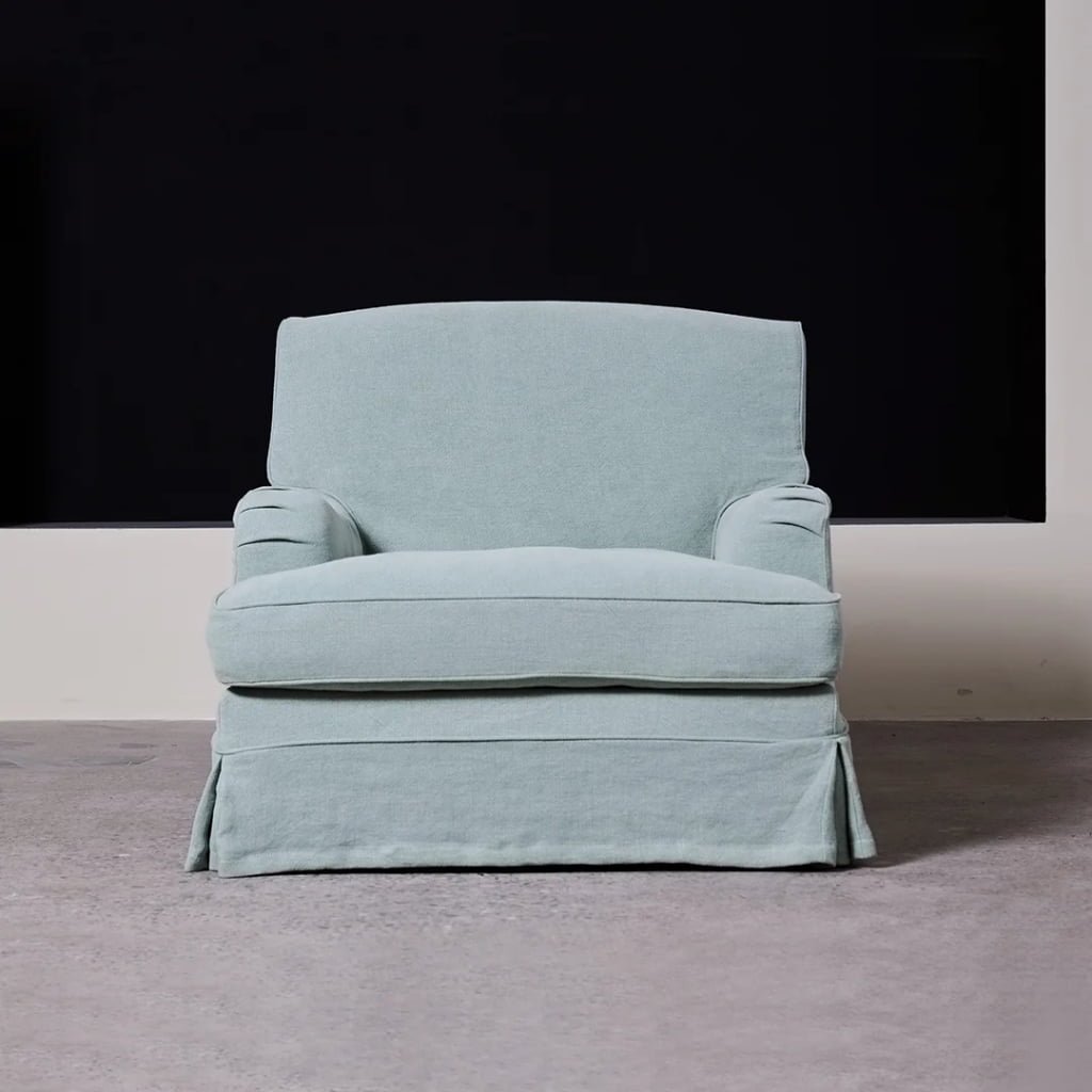 Bruce Linen Armchair – Skirted Lounge Chair in Sage Green