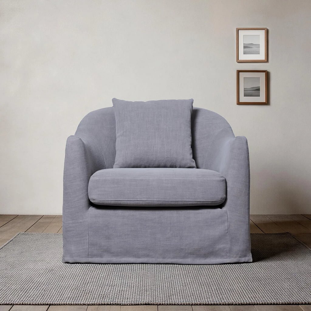 Lyndon Large Linen Armchair – Curved Slipcovered Lounge Chair Grey