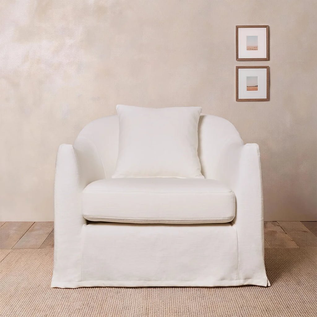 Lyndon Large Linen Armchair – White Curved Slipcovered Lounge Chair