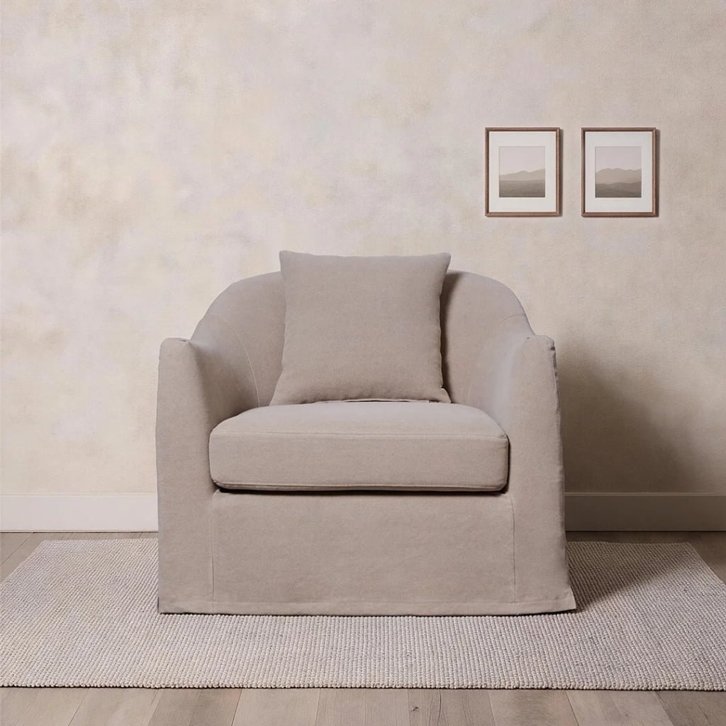 Lyndon Relaxed Linen Armchair – Curved Slipcovered Lounge Chair