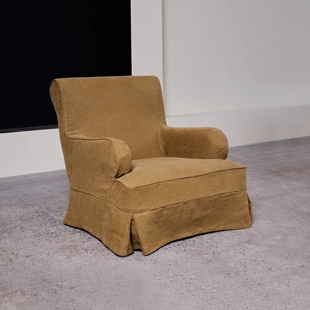 Juliana High Back Linen Armchair – Skirted Lounge Chair