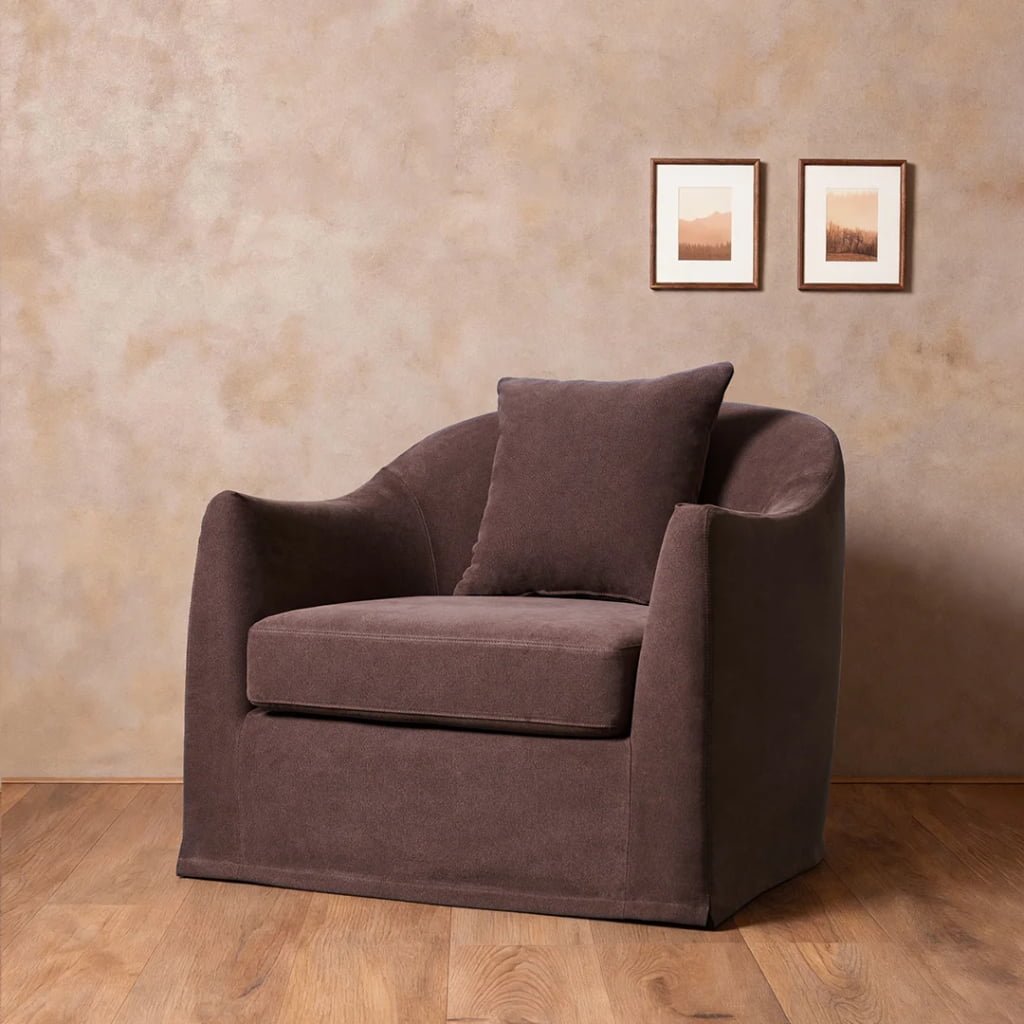 Lyndon Large Swivel Linen Armchair – Curved Lounge Chair