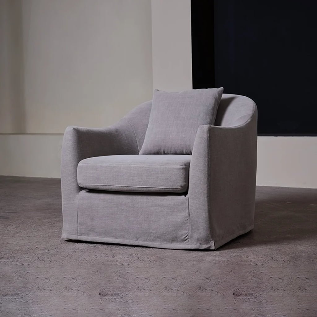 Lyndon Large Linen Armchair – Curved Slipcovered Lounge Chair Grey