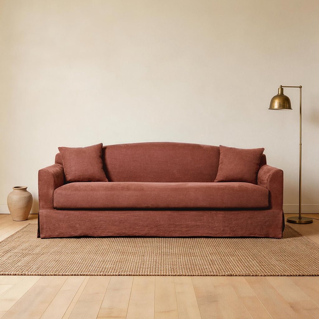 Camel Back Pure Linen Sofa – Pleated Skirt Bench Seat Sofa