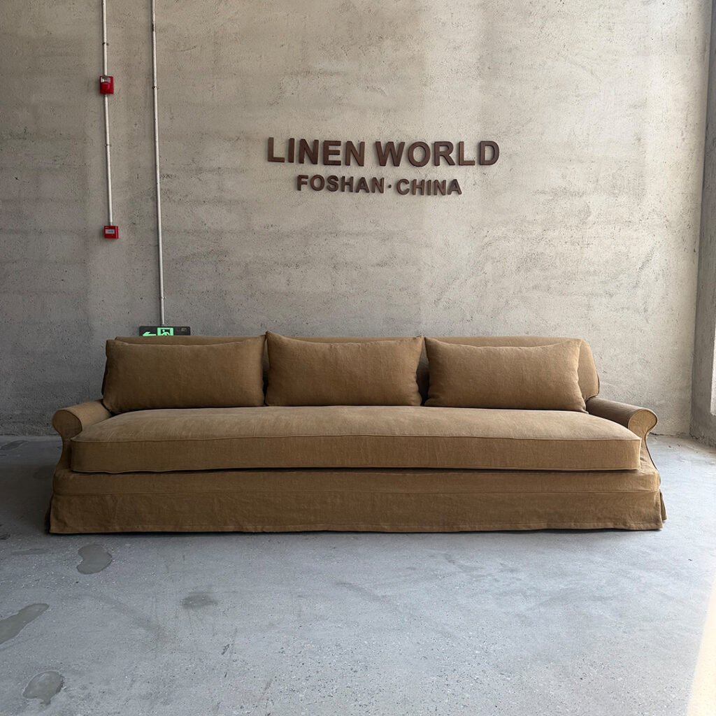 Claire Extra-Deep Linen Sofa – Luxury Skirted Sofa with Bench Seat